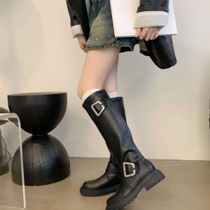 2023 Winter Black Tall Riding Boots for Women - PU Leather Round Toe Knight Boots with Metal Buckle