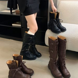 2024 Fashion Retro Martin Boots Women's Motorcycle Riding Boots Color Blocking Lace-up Knight Tall Boots