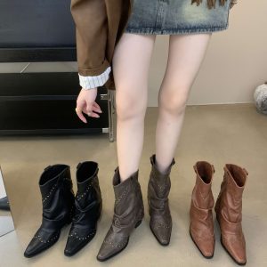 2024 New Western Cowboy Boots for Women Tall Boots Retro Square Toe Rivet Trouser Boots Desert Knight Boots Chunky Heel