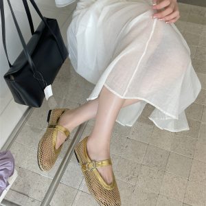 2026 New Flat Fishnet Flat One-Character Shoes for Women