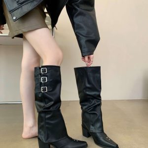 British Square Toe Convertible Boots Two-Way Short Boots Long Boots Sleeve Leg Fashion Boots Chunky Mid Heel Trendy Riding Boots