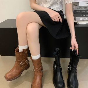 Miu Style Over Knee Boots Women 2024 Retro Metal Buckle Western Boots Xiaomo Li High Knight Boots