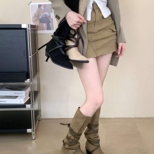 Night Sky Starry Sea Western Cowboy Boots Stacked Boots Flat Lace-up Pointed Toe Tall Boots Over-the-knee Rider Boots