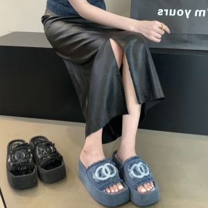 Women's Platform High Heel Slippers Thick Soled Denim Style Summer Sandals 2023 Korean Fashion